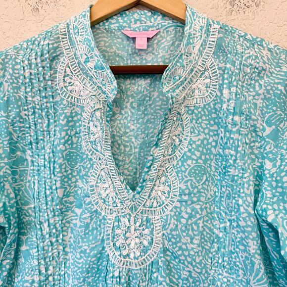 LILLY PULITZER Sarasota Tunic Top Aquamarine Blue Abstract Beaded Boho - Picture 4 of 12